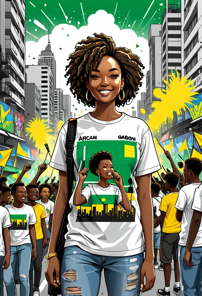 black and white T-shirt design with portrait of african people celebrating,with the flag , the flag has horizontal colors green yellow blues of Gabon, in a party, whit fireworks, whit a city background, graffiti, poster, illustration, urban streetstyle, pop culture, urban clothing ,white background
