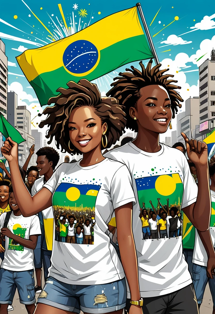 black and white T-shirt design with portrait of african people celebrating,with the flag , the flag has horizontal colors green yellow blues of Gabon, in a party, whit fireworks, whit a city background, graffiti, poster, illustration, urban streetstyle, pop culture, urban clothing ,white background