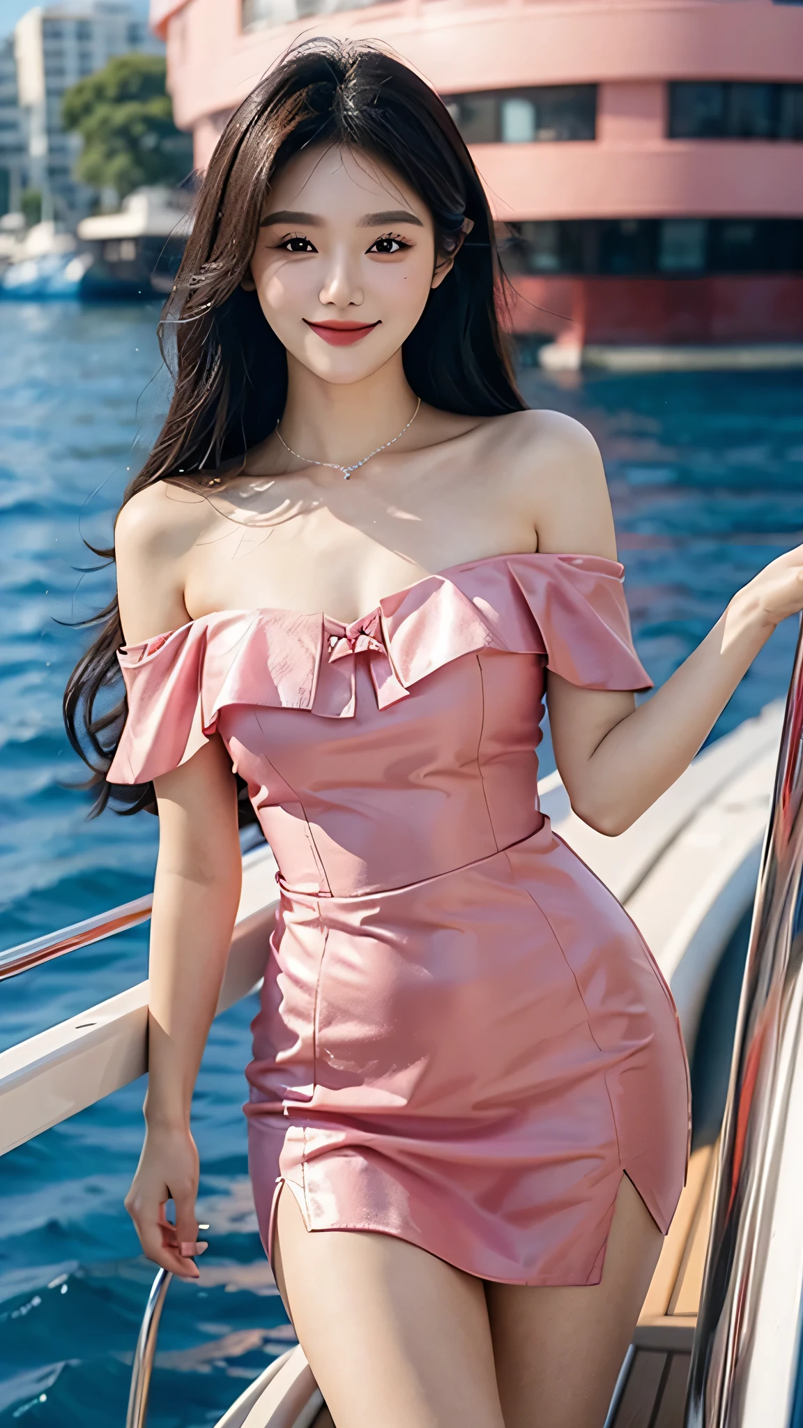 A sweet girl by the yatch，voluminous hair，Delicate face，Photorealsitic，of a real，largeaperture，wears a pink dress，A cropped dress，Off-the-shoulder，A dress around the neck，Slim，smiles，Ultra-high resolution, Blurred background