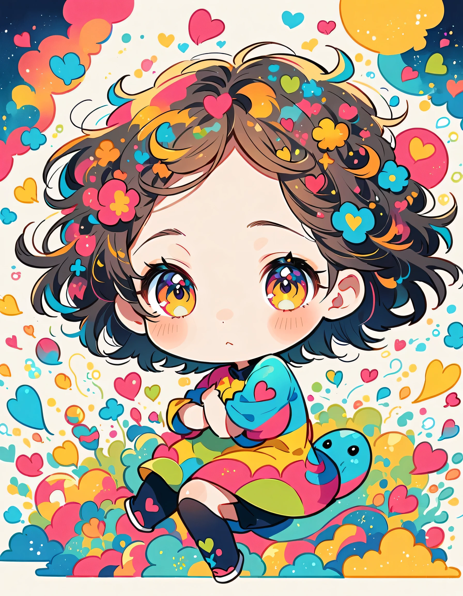 Mika Pikazo style, Simple Line Initialism,Abstract art,Urban Background, colorful hearts ,(((The most beautiful girl of all time))), (((chibi))), hugging with Cute amoeba