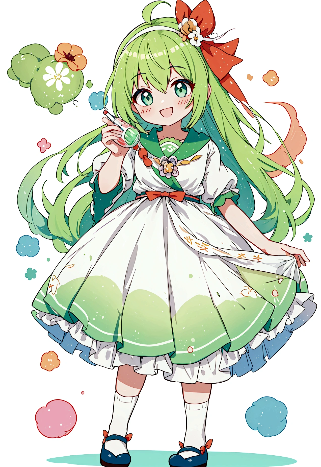 Appearance: hair color: Bright green、Bubbleのような白いハイライトが入った髪。 Eye color: Cool light green and emerald green。Winged。Melon Sodaを持っている妖精。 Skin color: Pale mint green skin。 wing: Melon SodaのBubbleを連想させる透明で細かいBubbleのようなwing。 clothing: Melon Sodaのシロップのような光沢のある緑色のドレスや、Bubbleをイメージした装飾。 accessories: head band: Melon Sodaのガラス瓶のキャップのようなhead band。 necklace: 小さなBubbleのペンダントやメロンのチャーム。 shoes: Melon Sodaの瓶のデザインを模したshoes、Bubbleのようなデザインのブーツ。 character: Cheerful and lively: Always smiling and full of energy、Spreading happiness and joy around you。 Sweet perfume: Melon SodaのSweet perfumeをまとっていて、It&#39;s nice to be near。 healing powers: It has the magical power to give a feeling of coolness and refreshment when touched.。 symbol: Melon Soda: 持ち物や背景に必ずMelon Sodaの要素が含まれる。 Bubble: ふんわりとしたBubbleやBubble立つ水のイメージ。