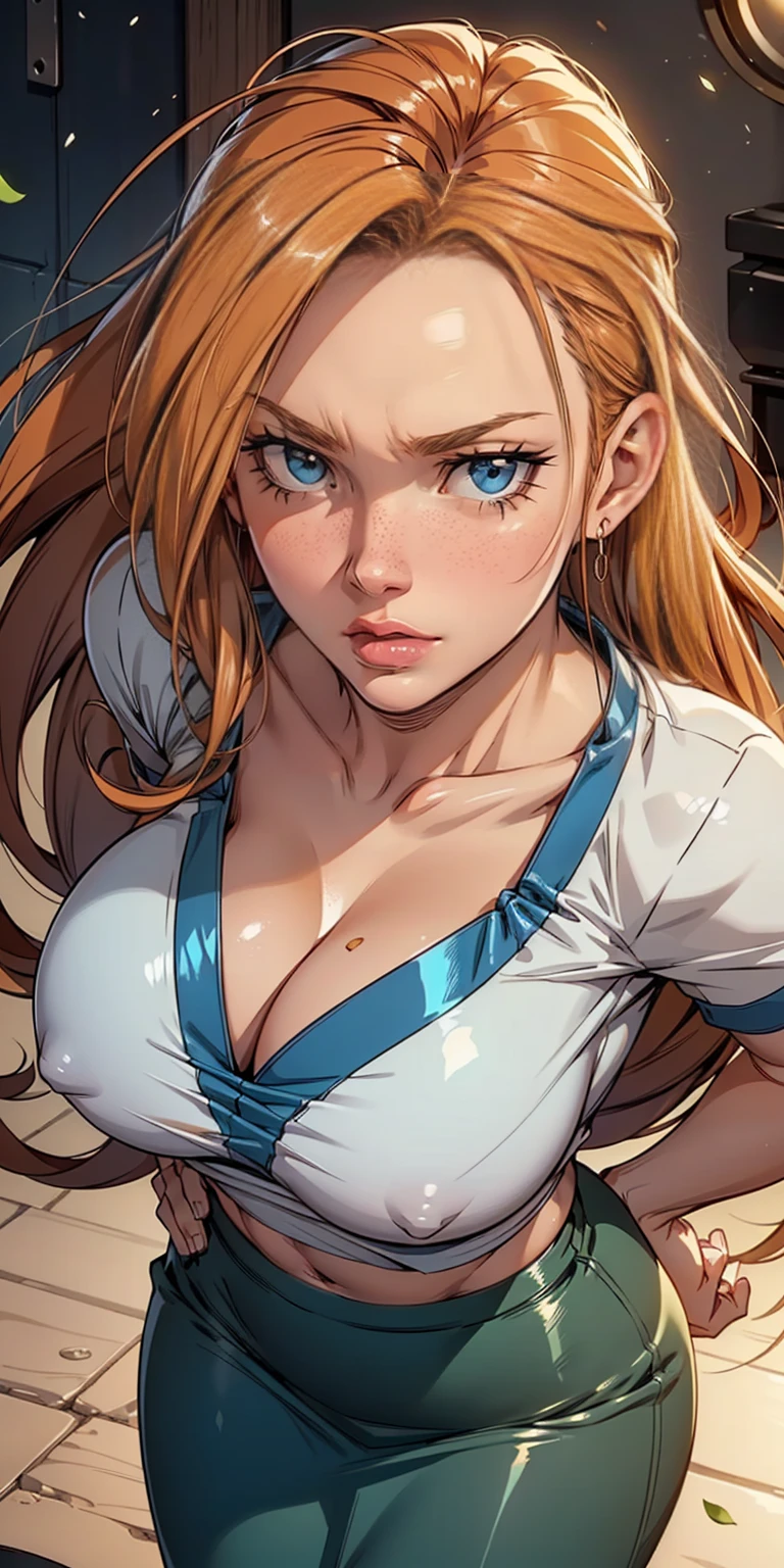 8k,masterpiece, bset quality,big, (1 girl), Kim Possible, green_eyes, orange hair, long hair, professional lighting, (shiny skin: 1.2), shiny big, ((best quality)), sharp focus: 1.2, highly detailed face and skin texture, detailed eyes, perfect face, perfect body, blur art, cg, background, Big breasts, presence (20yo, mature cool and beautiful face), wearing ((blue skirt), white taut shirt, thilush, (mittgal), random pose, top view, perfect eye, angry face