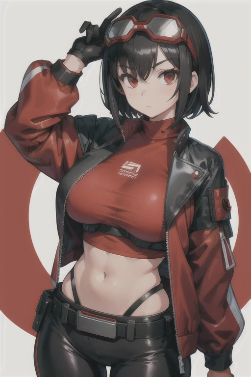 Masterpiece, best quality, 1girl, solo, black hair, very short hair, red eyes, looking at viewer, (techwear jacket:1.3), red gloves, red utility pants, goggles on head, utility belt, (perfect breasts:1.3), facing viewer, ((red shirt)) mature female, big bust, nice hips