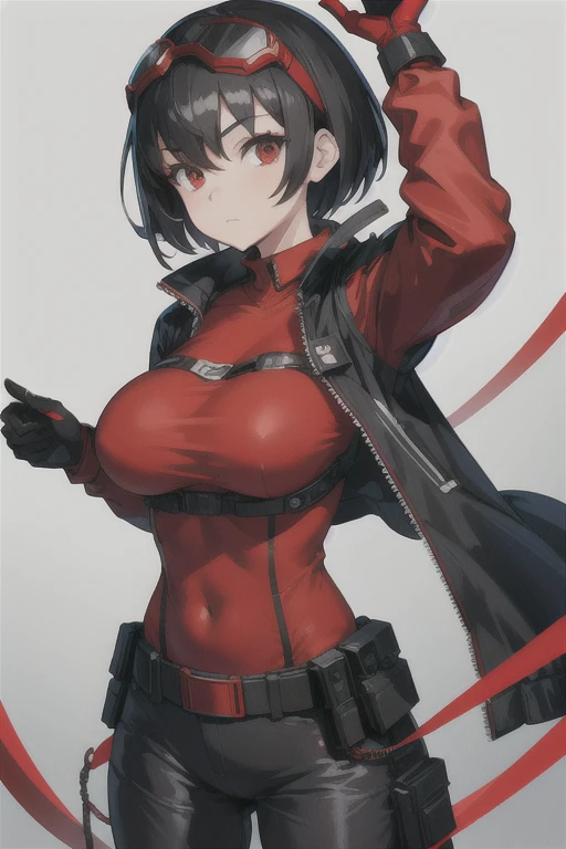 Masterpiece, best quality, 1girl, solo, black hair, very short hair, red eyes, looking at viewer, (techwear jacket:1.3), red gloves, red utility pants, goggles on head, utility belt, (perfect breasts:1.3), facing viewer, ((red shirt)) mature female, big bust, nice hips