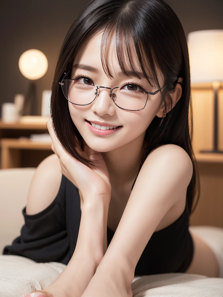 1 Beautiful young girl, 非常にBeautiful detailsな顔, (Slender body:1.2), (Detailed face:1.2), Conceptual Art, high quality, Realistic, Very detailed CG 統合 8k 壁紙, Very detailed, High-resolution RAW color photos, Professional photography, Realistic portrait, Cinematic Light, Beautiful details, Very detailed, Advanced Details, Depth of written border, Super stylish lighting, (Beautiful small breasts:1.2), Smooth and flawless skin, Expressive and captivating eyes, Well-defined facial features, A perfectly balanced face, Fine Details and Realistic Textures,((((Office Room,Summer clothes,overtime,night,whole body,Sexy smile,Beautiful feet,Black glasses))),1 person
