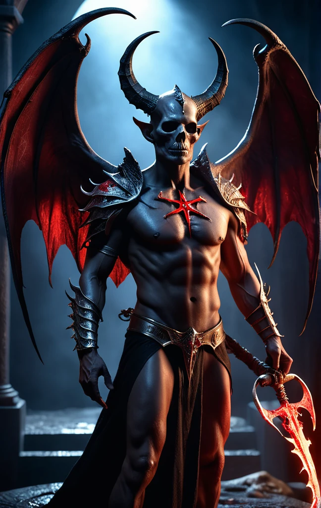 cinematic film still Horror-themed realistic photo of a evil demon with rotting angel wings and holding a scythe,glowing red pentagram on chest piece,unreal engine 5 quality render cinematic lighting 8k resolution concept art by giger trending on cgsociety,dramatic light,hdr,vivid color scheme,cyberpunk,neon noir style,sci-fi atmosphere,hyper realism,octane,god rays,volumetric,golden ratio,cool 4d,retrowave,in the year 2021,award winning masterpiece,depth,deep focus,black metal,true to life,natural skin,high detailed body,very detailed scene,shadows,detailed background,highly detailed skin,accurate to life,living image,amazingly lifelike .,glow effects,godrays,Hand drawn,render,8k,octane render,cinema 4d,blender,dark,atmospheric 4k ultra detailed,cinematic,Sharp focus,big depth of field,Masterpiece,colors,3d octane render, Eerie,unsettling,dark,spooky,suspenseful,grim,highly detailed,. shallow depth of field, vignette, highly detailed, high budget, bokeh, cinemascope, moody, epic, gorgeous, film grain, grainy