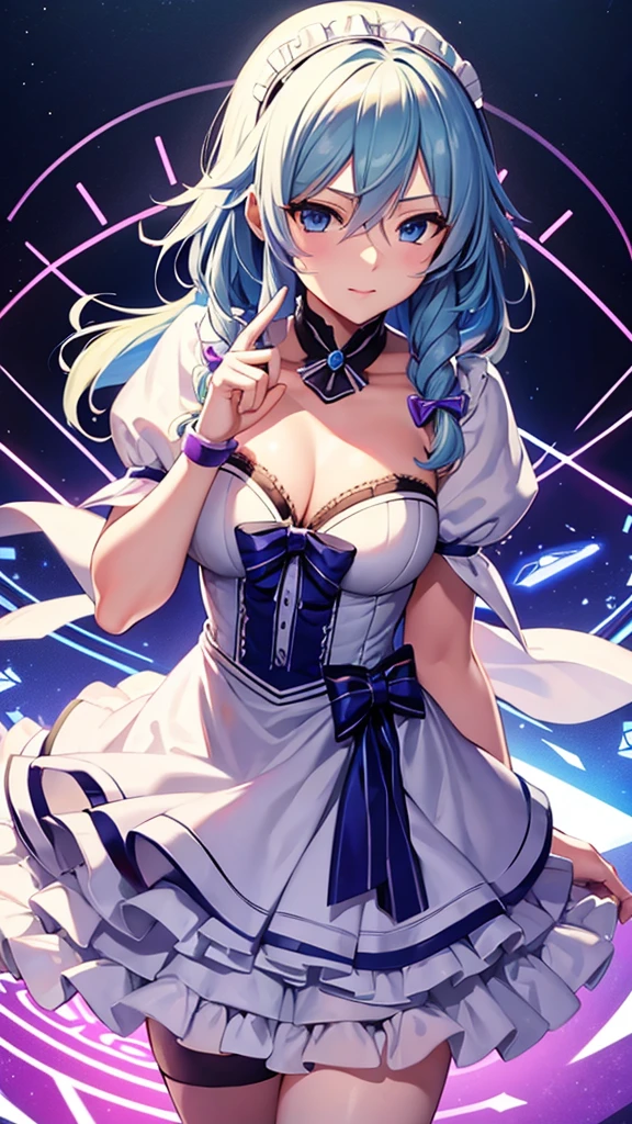 absurderes,Best Quality,Insanely detailed,1 cute lovely girl,Cute smile,Peace,short drill twin tails,aqua hair,Pink eyes,(Round glasses:1.2),(Maid costume:1.2),maid hair band ,Ruffled short skirt ,striped over knee high,maid apronl,cleavage,(sagging boobs:1.2),(From below:1.2),sparkly eyes,Beautiful and detailed eyes,glowing pale skin,Cute Pose,Professional Lighting,Cinematic Angel,Cute and pop theme,Brilliant colors,Hyper realistic, Perfect Anatomy, Perfect five fingers