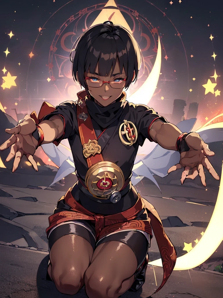 (flat chest:), (masterpiece:1.2), highest quality, High resolution, unity 8k wallpaper, (fine and beautiful eyes:1.6), highly detailed face, perfect lighting, Detailed CG, (perfect hands, perfect anatomy), (1 boy solo:1.4), 20 years old, black hair, extremely beautiful detailfeminine face and eyes, (evil smile:1.4), detailed eyes, best quality,( dark skin:1.8), (turtleneck shirt under yukata:1.2), (bike shorts:1.2), extremely detailed, very precise detailed, (glasses:1.3), blunt bangs, open mouth, (very short pixie cut:1.2), boots,fingerless gloves, smile, (half closed eyes:1.5) ,(squat in magic circle on ground:1.1) ,night sky,long sidelocks,(long red Scarf),(yukata),(squatting),(acrobat pose:1.3),(squat:1.3),(one knee dwon:1.5),(Put one foot in front:1.3),(stylish pose:1.4),(Raise only index finger:1.1),(spread arms:1.5), (1990s \(style\)),(in magic circle on ground only:1.3),(from above:1.2),(open magic scroll by both hands:1.9),(have magic scroll:1.3)