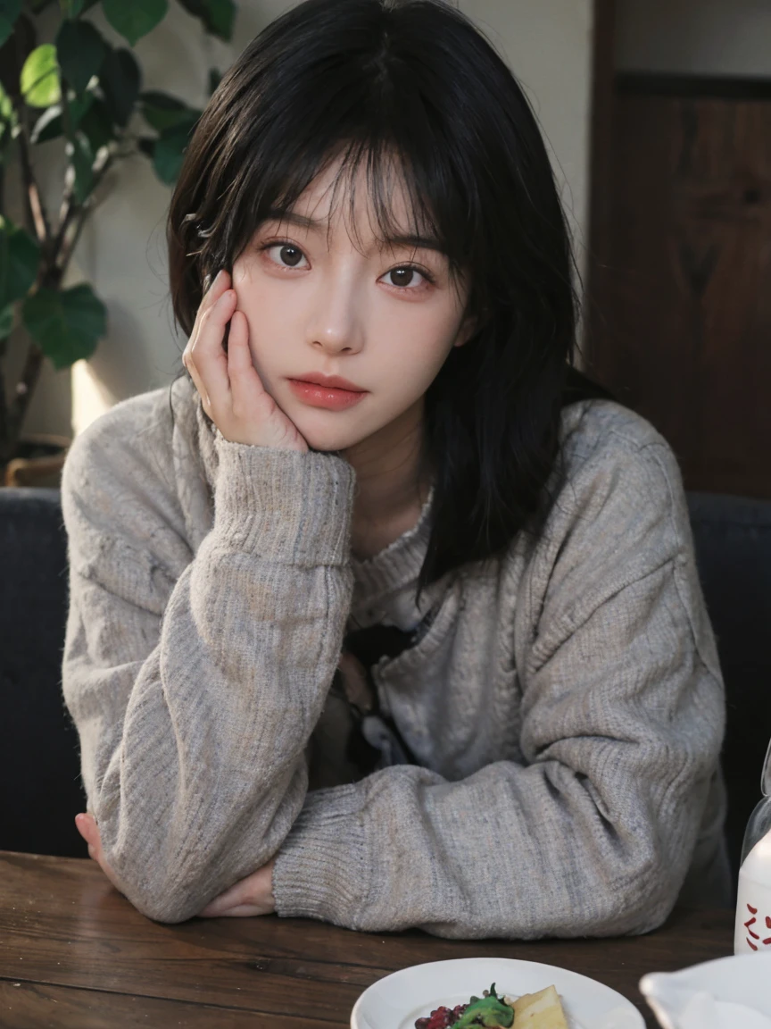 Best quality at best， Ultra-high resolution， A woman with long black hair and a gray sweater, The middle view is, JK ，under a ray of sunshine，She has black hair，through bangs, young lovely Korean faces, Cute Korean face, Urzans, Shin Jinying, beautiful aesthetic face, Korean facial features, Played by Liu Li Zhien ，beautiful realistic face