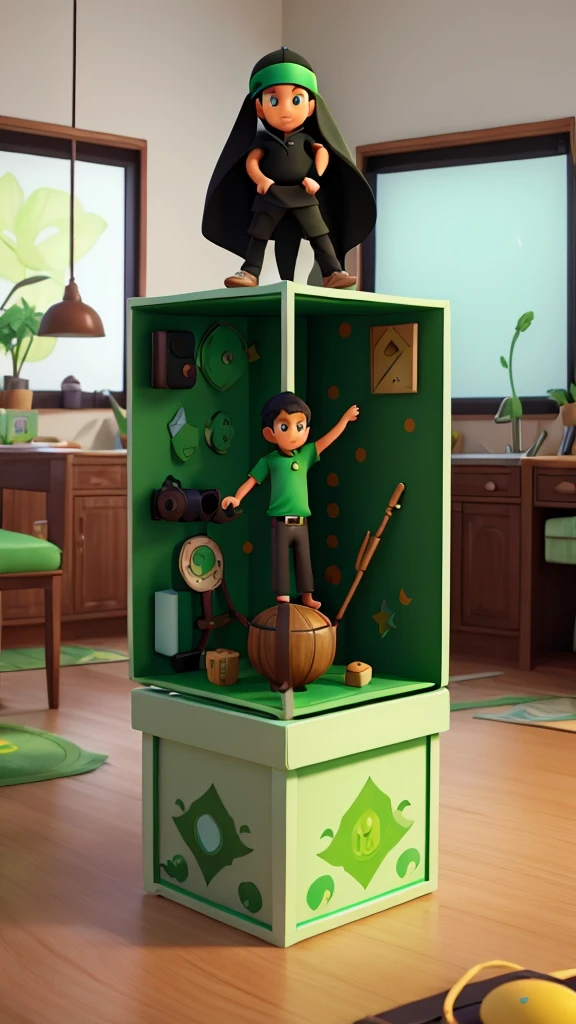 3d video product mockup box that says "KUMPULAN VIDEO CERITA ANAK ISLAM". The desain of mockup depict a kids story with islamic ornamen. Combination of green and black as dominant color. White background