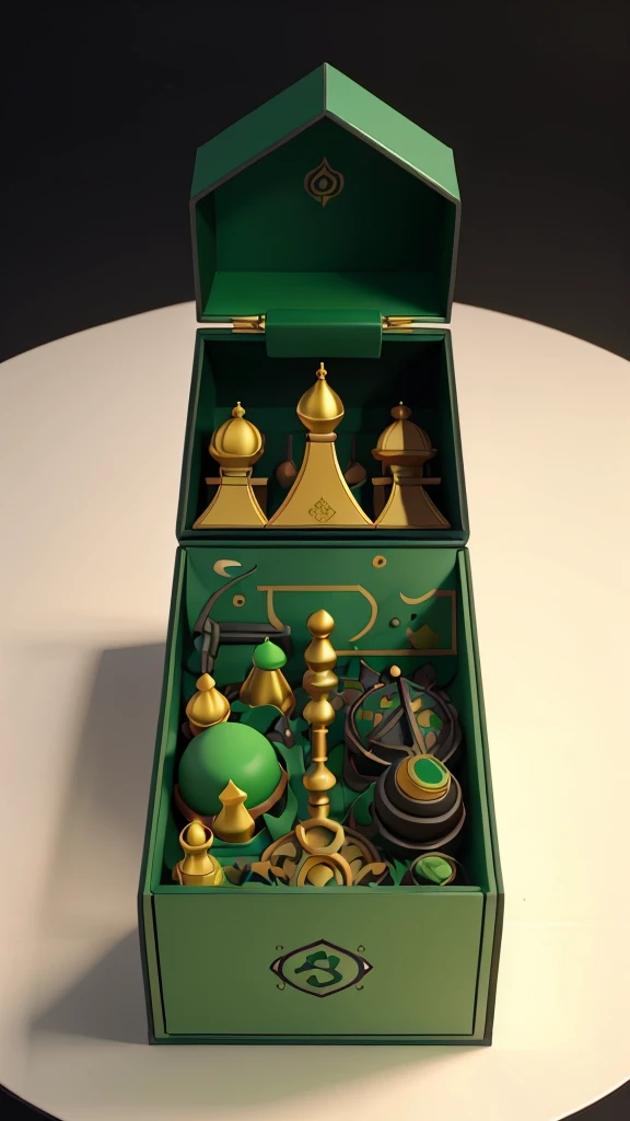 3d video product mockup box that says "KUMPULAN VIDEO CERITA ANAK ISLAM". The desain of mockup depict a kids story with islamic ornamen. Combination of green and black as dominant color. White background