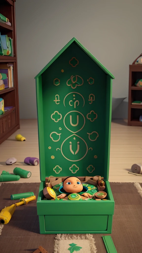 3d video product mockup box that says "KUMPULAN VIDEO CERITA ANAK ISLAM". The desain of mockup depict a kids story with islamic ornamen. Combination of green and black as dominant color. White background