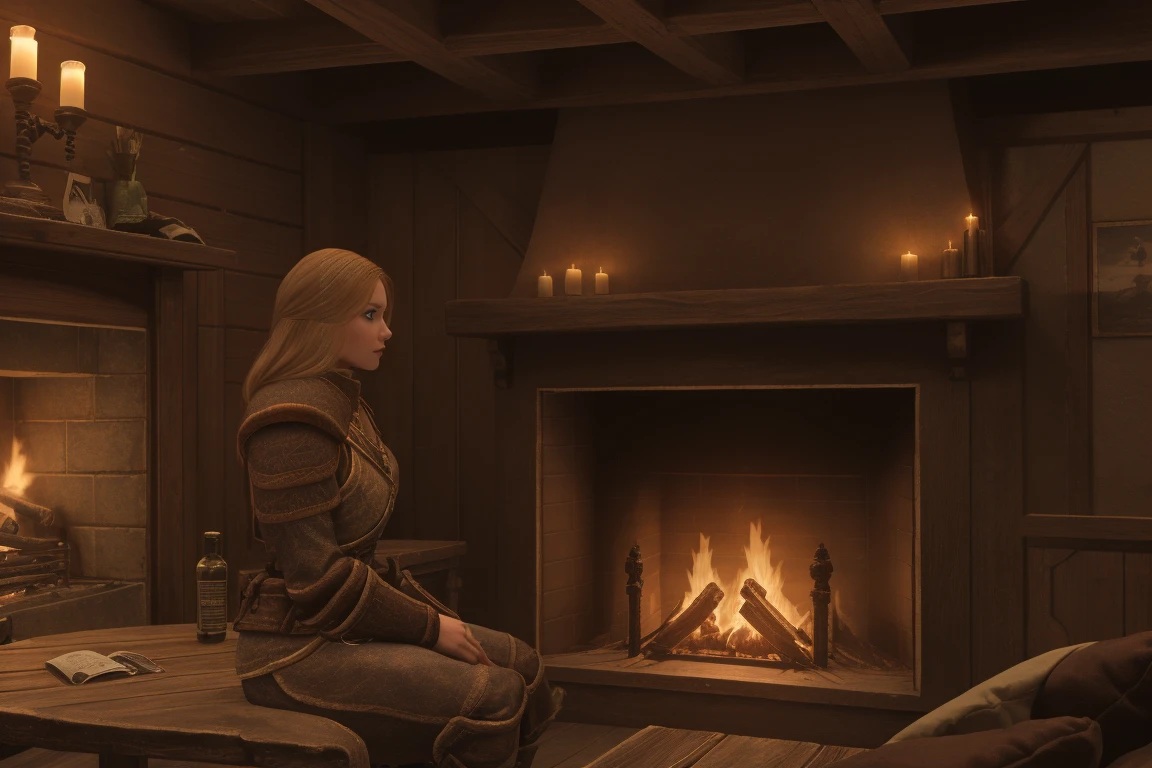 A warm glow emanates from the hearth as a lone figure sits at the wooden bar of Skyrim Inn. A female Breton, her blonde tresses adorned with a sprig of lavender, gazes longingly into the flames, lost in thought. Across from her, a viewer, clad in worn leather armor, leans against the counter, eyes locked onto hers as they share a tender moment amidst the rustic charm of the inn's wooden furnishings and soft candlelight.