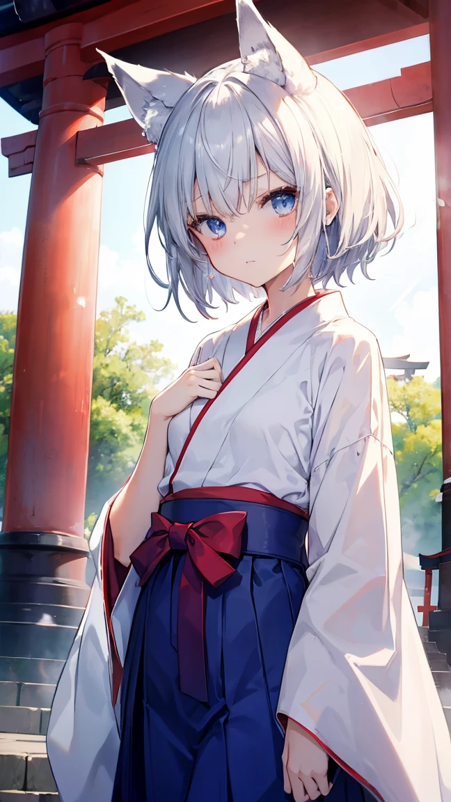 High resolution、Girl、Silver Hair、short hair、Fox Ears、blue eyes、Slender、Small breasts、Shrine maiden,Scarlet Hakama,torii,summer,7moon,Sweat,blue sky