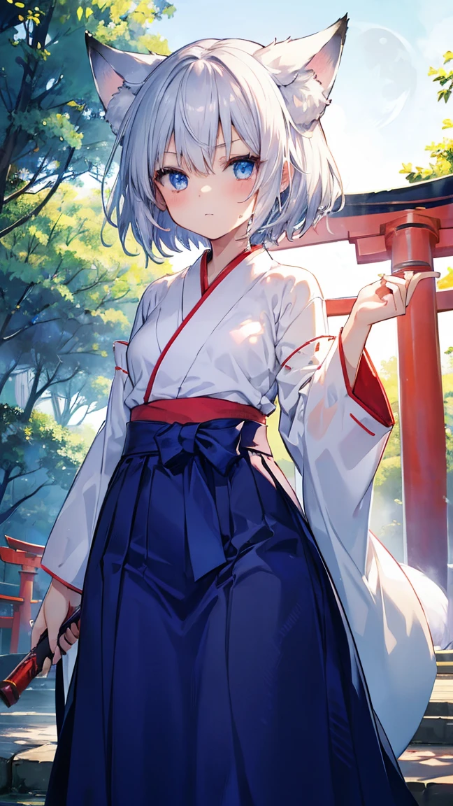 High resolution、Girl、Silver Hair、short hair、Fox Ears、blue eyes、Slender、Small breasts、Shrine maiden,Scarlet Hakama,torii,summer,7moon,Sweat,blue sky
