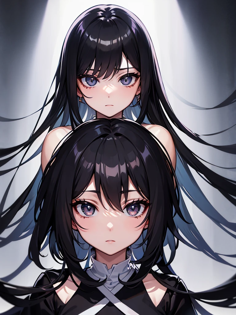 Anime girl, expressionless, long straight black hair,grey eyes, black outfit