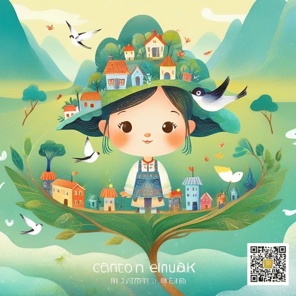 Digital illustration art, a comical illustration of a little girl adorned with many houses, trees, roots, a little swallow, etc. on her head. Her hair is composed of many houses and trees, and the background is green trees and hills (the background blends with the little girl's hair). Surrounded on both sides, it evokes the charm of a charming rural landscape. White background, the whimpering sound of Chinese calligraphy, vivid Ferdinand du Puigaudeau, Victor nizovtsev, retro tones, sparkling, reflective, best number, 8K, high-definition, high-resolution, dual exposure, beautiful digital illustrations,