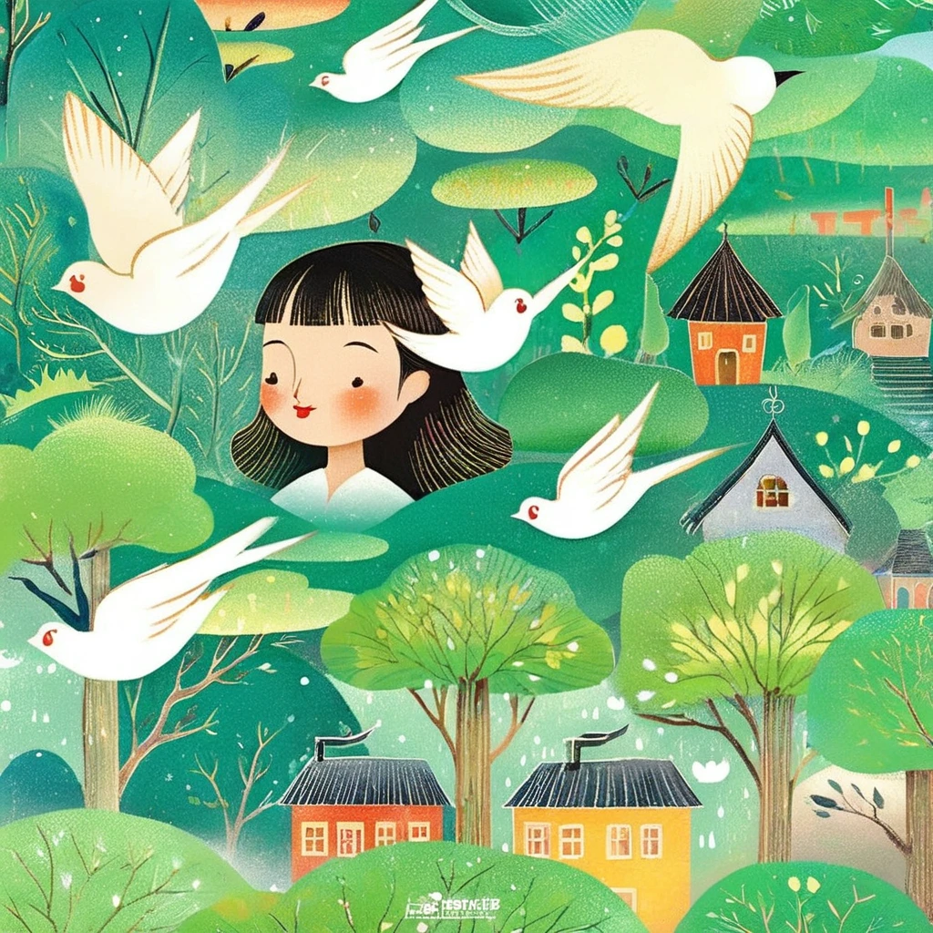 Digital illustration art, a comical illustration of a little girl adorned with many houses, trees, roots, a little swallow, etc. on her head. Her hair is composed of many houses and trees, and the background is green trees and hills (the background blends with the little girl's hair). Surrounded on both sides, it evokes the charm of a charming rural landscape. White background, the whimpering sound of Chinese calligraphy, vivid Ferdinand du Puigaudeau, Victor nizovtsev, retro tones, sparkling, reflective, best number, 8K, high-definition, high-resolution, dual exposure, beautiful digital illustrations,
