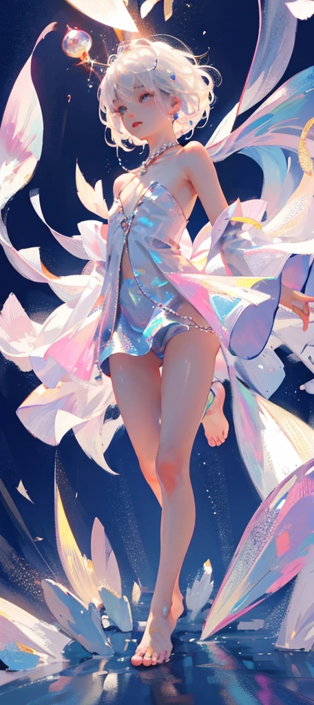 A girl、symmetry,Daughter,whole body 女恋,Put your hands together and bloom,(Very detailed:1.1),((small :1.2))、The eyes are well drawn、Charming eyes、Double tail、Wear jewelry and pearls around your neck,Transparent openwork、Deep V、Crystal Pearls、在Wear jewelry and pearls around your neck,white hair, show your thighs, Bare shoulders, Show clavicle, Yao Liu, barefoot,((whole body))、painful posture