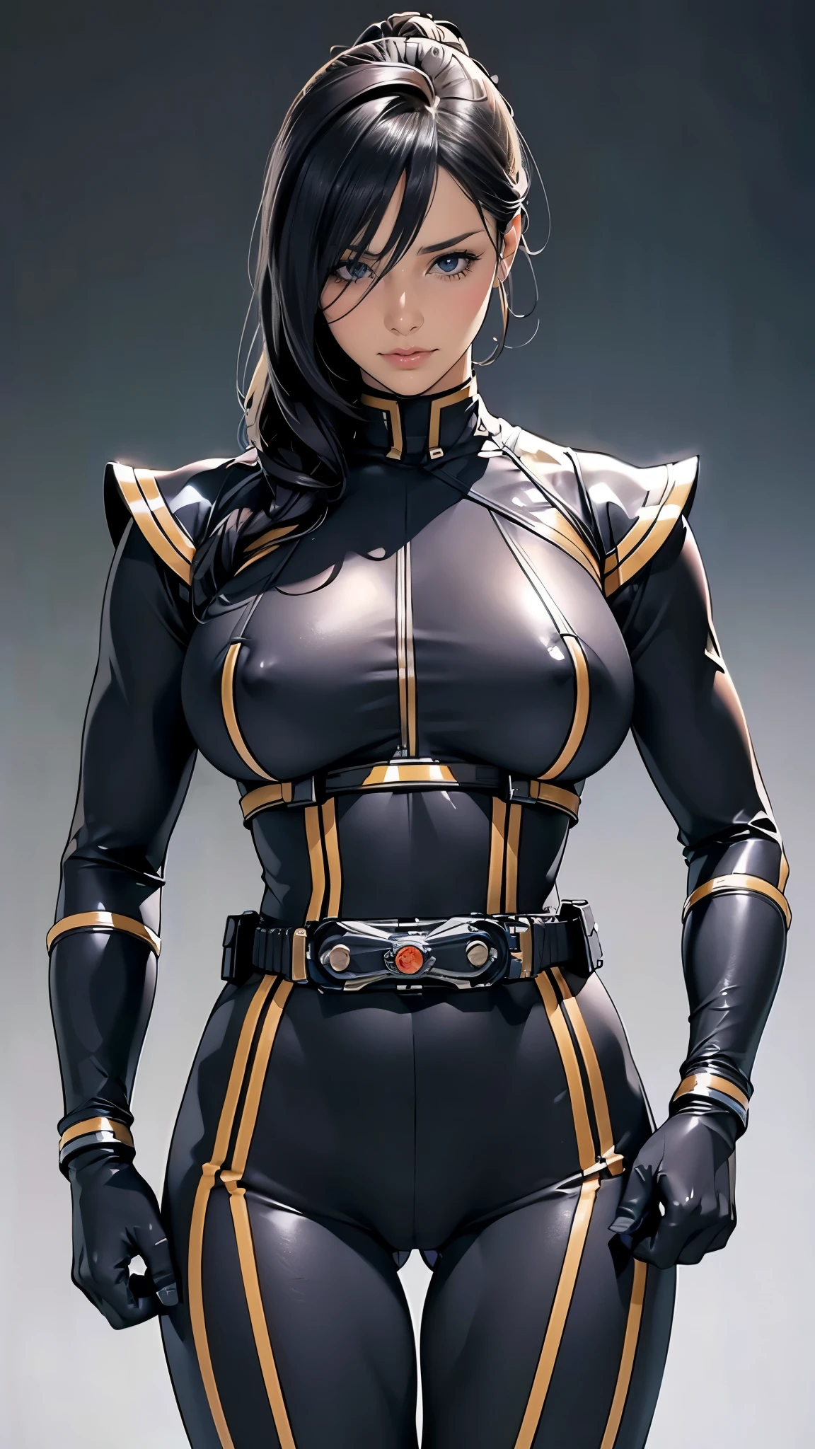 (masterpiece),(Highest quality),(Very detailed),(High resolution),8K,wallpaper,One Woman,Mature Woman,((Vulgarity,Functional)),(Big Breasts,Thick thighs),front,(The Kamen Rider uniform is made of very thin fabric that cuts into the body.),(rider belt,gloves,black Bodysuits,Bodysuits, belt, armor),((Flashy makeup)),((cameltoe))