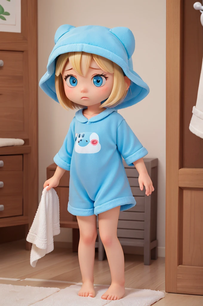 a  a  girl, blond ewith big eyes light blue shiny and nightowel pijams, she espression is worry