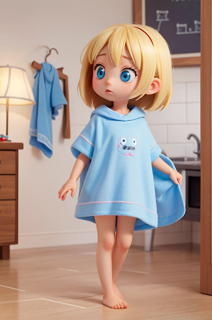 a  a ??? girl, blond ewith big eyes light blue shiny and nightowel pijams, she espression is worry