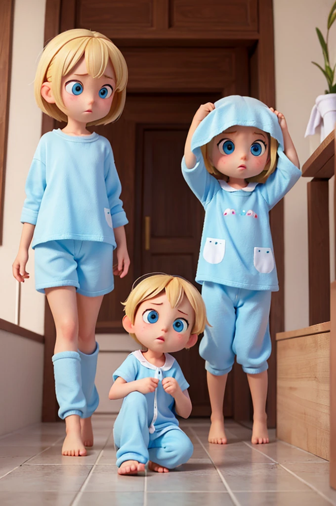 a  a ??? girl, blond ewith big eyes light blue shiny and nightowel pijams, she espression is worry