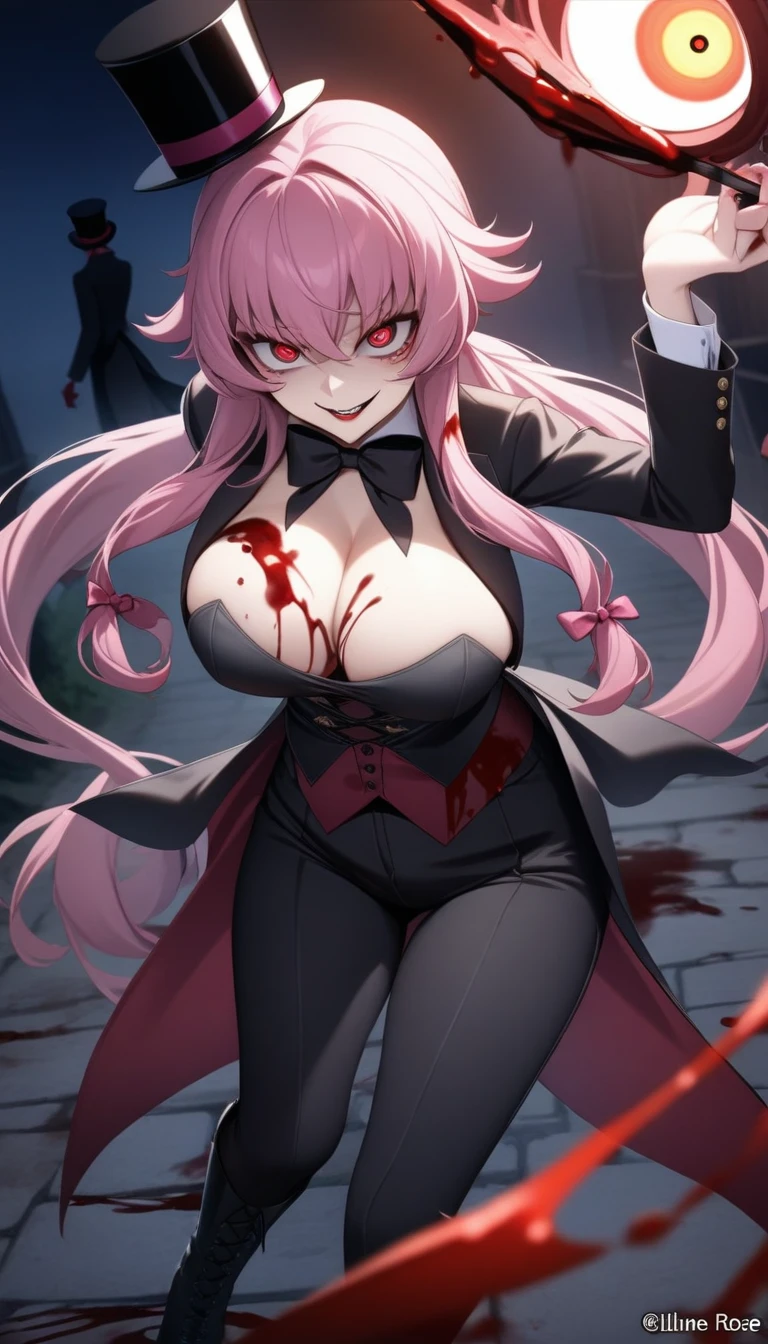  sexy, (1girl:1.7), solo, yuno gasai, long hair, pink hair, smile, low twintails, yuno gasai, (Black, Lilien Tailcoat Black Pure Rose:1.37), (large breasts:1.5), 1girl, red eyes, (night:1.1), (evil eyes:1.1), Ladies Lace Up Boots, blood, (black trousers:1.1), (out door:1.5), (top hat:1.5), (evil:1.5), jack the ripper, (blood on body:1.5), (evil eyes:1.4), killing, ((masterpiece)), (((best quality))), 4k,(perfect hands:1.8)