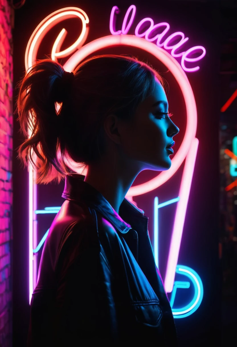 Side face silhouette，Shadow of beautiful woman under neon sign,Huge neon signboard，(Neon sign with text:1.5)
