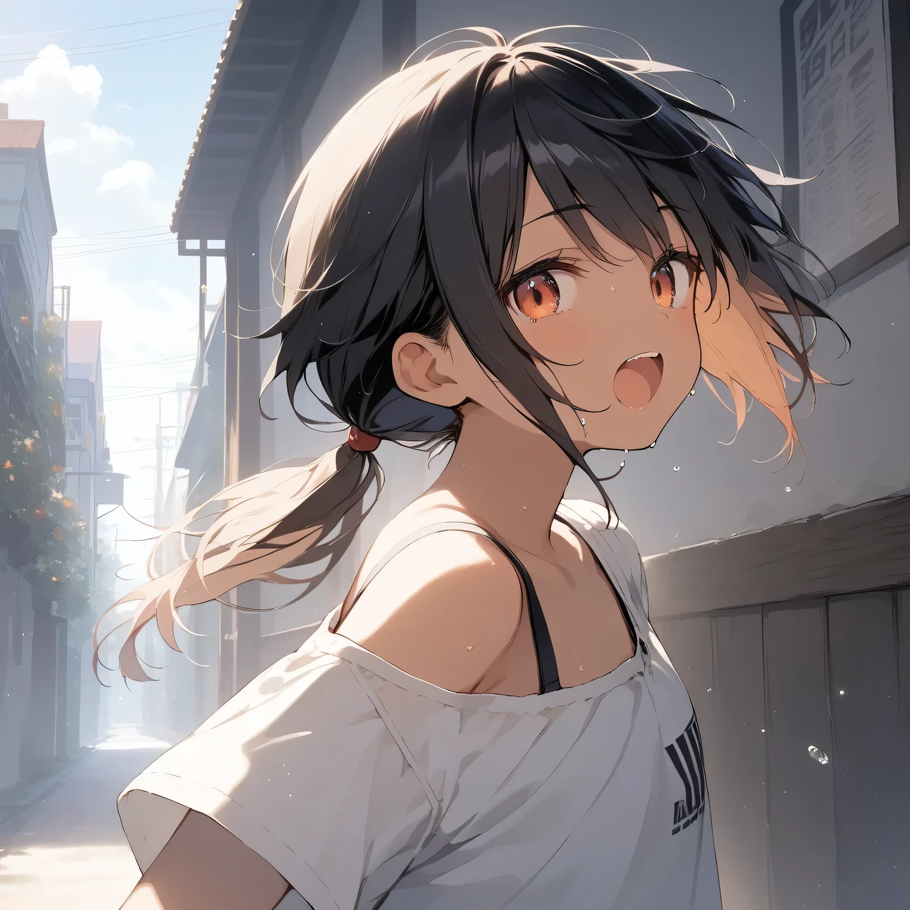 score_9, score_8_up, score_7_up, source_anime, best quality, masterpiece, official art, absurdres, highres, ultra-detailed,waifu2x,Collection: Slice of Life,break,1girl, tomboy, dark-skinned female, short hair, low ponytail, flat chest, beautiful detailed eyes, short shorts, sweat, open mouth, (yawn:0.3), sleepily, outdoors, wind, break,(clear line illustration:1.2),very high resolution, very aesthetic, super detailed skin, Best sexual lighting powered by famous artist, 8k,cute picture,beauty illustration,photoshop_(medium),,(Detailed Lighting),best anime 8k konachan wallpaper, pixiv contest winner,