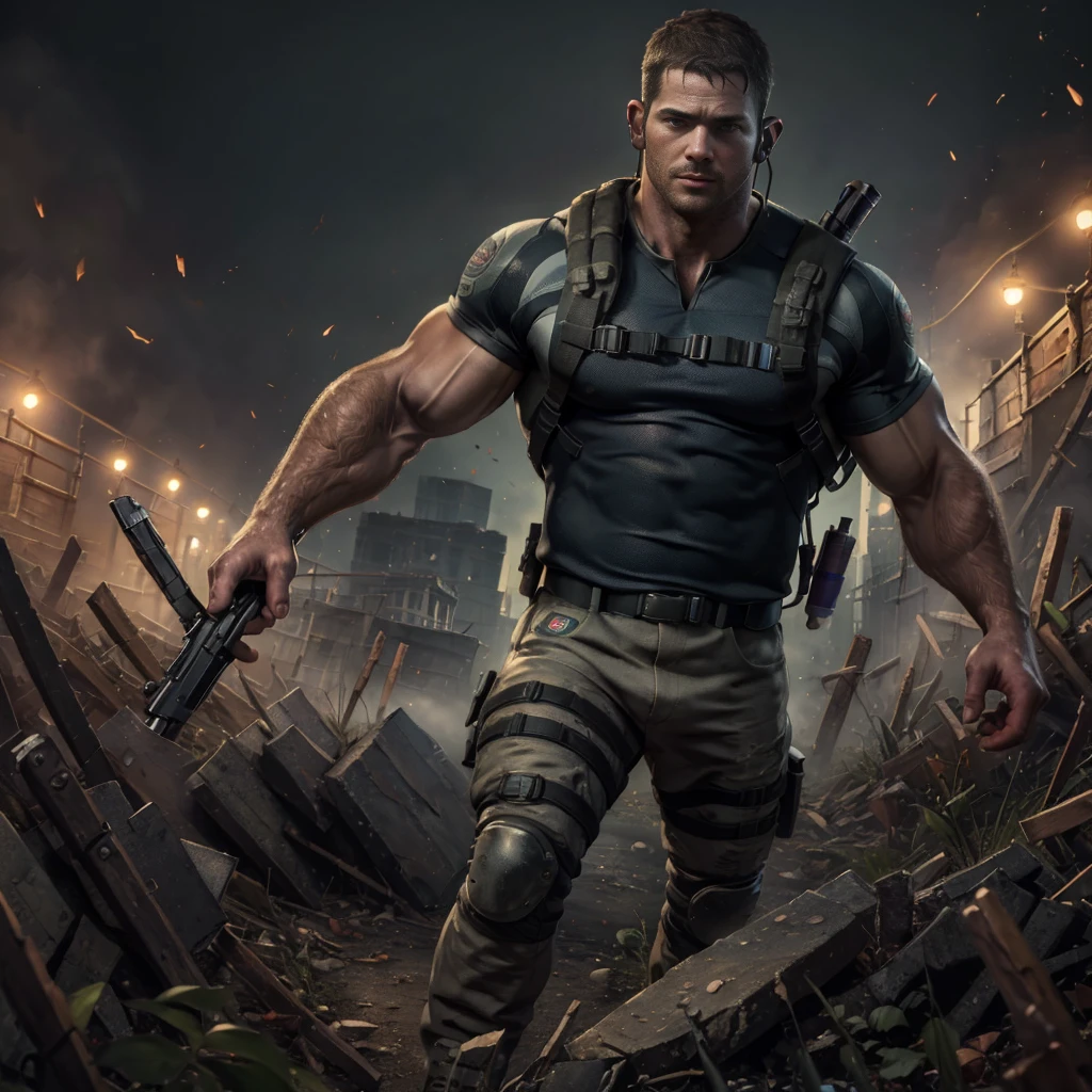 (Highest quality:1.5), (masterpiece:1.5), (8K:1.5), chris redfield, Zombies are attacking, clothes are severely torn