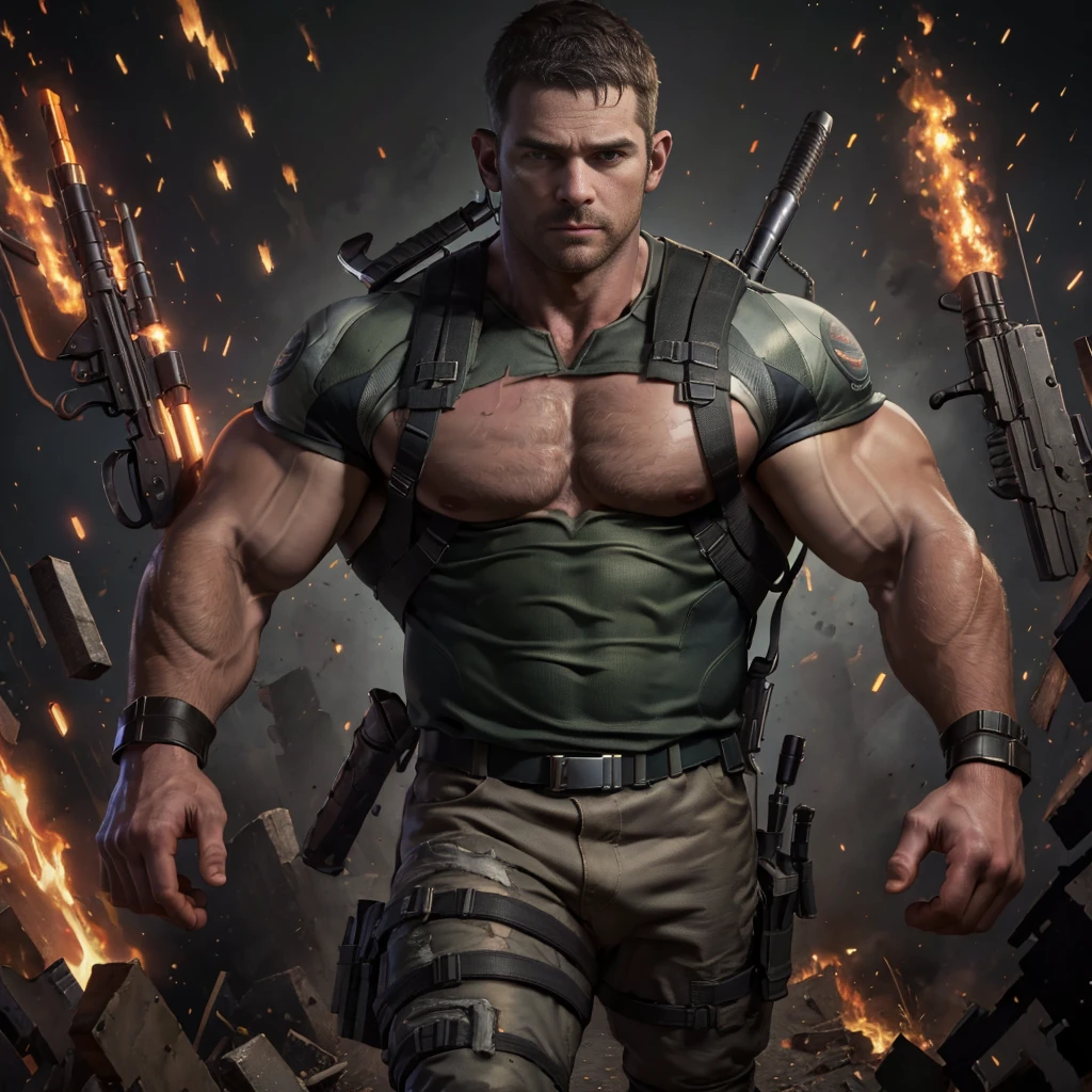 (Highest quality:1.5), (masterpiece:1.5), (8K:1.5), chris redfield, Zombies are attacking, clothes are severely torn