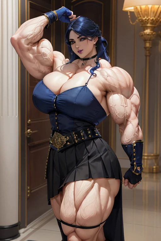 (((Massive tall, beautiful, buff, pale white skinned muscular woman with royal blue hair, black lipstick, ginormous bulky muscles and wearing a beautiful royal blue unbuttoned blouse with a beautiful black long pleated skirt))), (close view), massive muscles, massive biceps, hyper muscle shoulders, massive muscle arms, vascular shoulders, hyper muscle triceps, (long curly wavy hair), (beautiful unbuttoned royal blue blouse), white eyes, studded gauntlets, gloves, choker, (beautiful black long pleated skirt with a belt), shoes with socks, (in a beautiful hallway), closed smile, morning, hyper vascular arm, hyper muscles arms, hyper muscle legs, massive arms