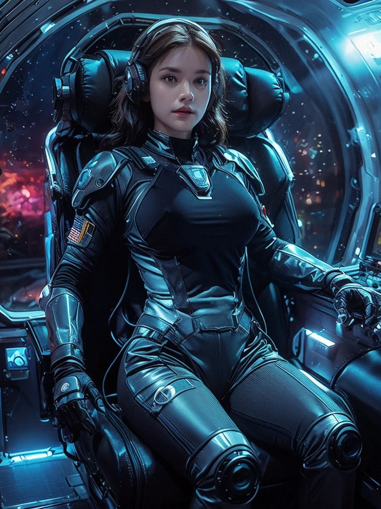 a sexy woman in a space suit sitting in a space station, gigantic breasts, beautiful woman in spacesuit, in a scifi movie, sci - fi pilot, scifi woman, sci-fi female, clothed in sci-fi military armor, on a spaceship, powerful woman sitting in space, fully space suited, in a spaceship, in spacesuit, sci - fi suit, futuristic starship crew member