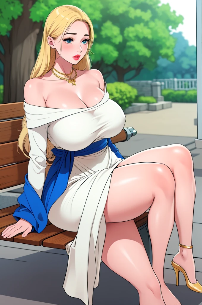 An extremely beautiful stunning voluptuous woman, with gold blonde long silky hair, big blue oceanic eyes, extremely super bright snow white fair stunning flawless glowing lush shiny white complexion and flawless skin, a perfect tight hourglass figure, and skinny waist, sexy thick smooth luscious legs and thighs, wearing a short sexy tight revealing white floral full-sleeve dress along with a blue sash on the waist, a brown off-shoulder sweater, yellow heels, gold necklace on the neck, gold anklets on feet, gold chain on the waist, sitting legs crossed on a park bench, extremely cute smile on the face, bright pink blushes on cheeks, kids park in background, show full body from head to feet.