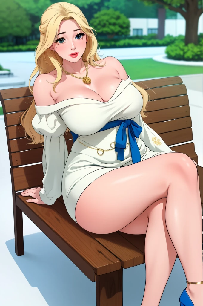 An extremely beautiful stunning voluptuous woman, with gold blonde long silky hair, big blue oceanic eyes, extremely super bright snow white fair stunning flawless glowing lush shiny white complexion and flawless skin, a perfect tight hourglass figure, and skinny waist, y thick smooth luscious legs and thighs, wearing a short sexight revealing white floral full-sleeve dress along with a blue sash on the waist, a brown off-shoulder sweater, yellow heels, gold necklace on the neck, gold anklets on feet, gold chain on the waist, sitting legs crossed on a park bench, extremely cute smile on the face, bright pink blushes on cheeks, kids p in background, show full body from head to feet.