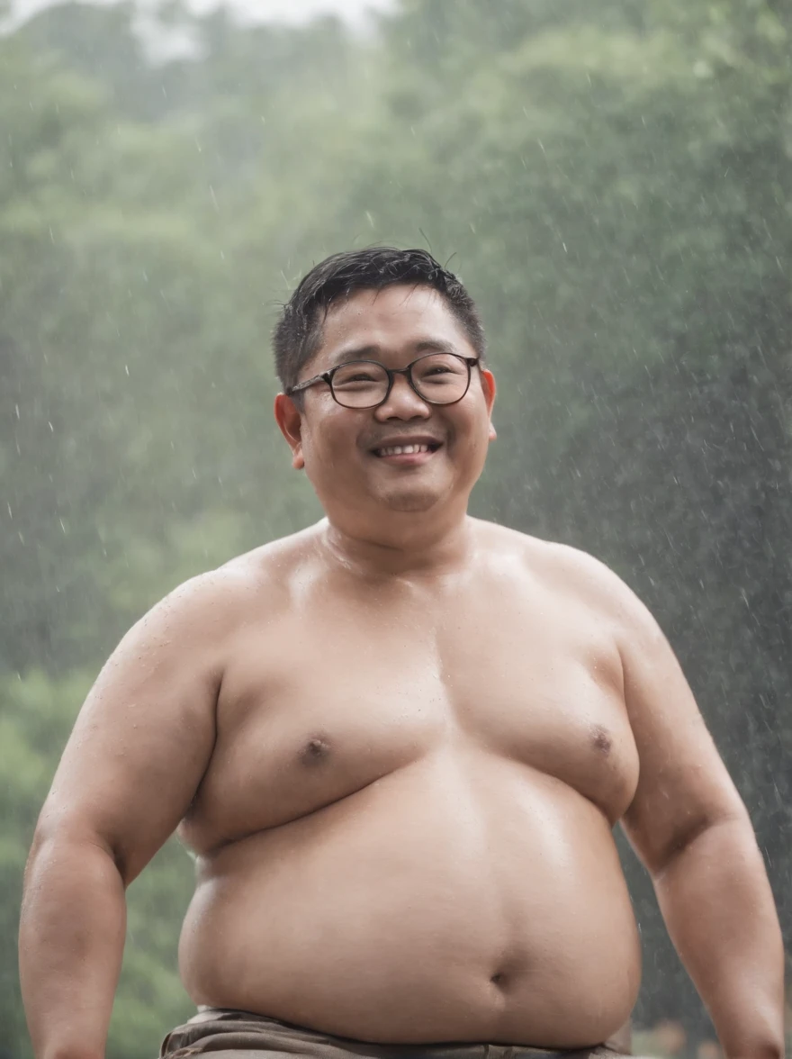 Asian farmer, Fat man, Chubby, smile, wearing eyeglasses, taking off his shirt, raining, he is wet, sitting, shirtless, shirtless, Not wearing a shirt.