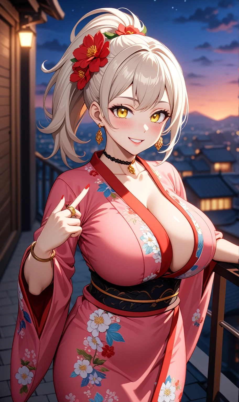 ((One personの女性)), Beautiful Face, head tilt, ((seductive smile)), ((Wink 1.9)), Laugh with your mouth wide open,((Bright red cheeks:1.4)),shining pink lips,night,rooftop,You can see the ocean, firework,Laughing with your mouth open,Glossy pink lips,Facial lighting,((Anime style background)),masterpiece, Highest quality, so beautiful,up to date, Complex details, (Pink long nails),(4fingers and 1thumbs), (ring),(bracelet),(Floral choker),AI-generated, Complex,High resolution, Highest quality, super high quality,3D Images、3D Images,One person,Long blonde hair,High Ponytail,((Turquoise Eyes)),Anime woman posing for a photo, ((Fine grain、Yellowish colorful eyes、Shining Eyes:1.4)),(Squint your eyes:1.1),a hyperRealistic , hyperRealistic , Realistic,Anime woman with long white hair, Smooth anime CG art, A woman in a colorful kimono with gold embroidery, (Pink long sleeve kimono),Red floral pattern,Long flower hair ornament,Earrings, Body,(Big Brexpensive,Abdominal muscles,Tight waist,(Zoom up to face:1.7),Shooting from an angle
