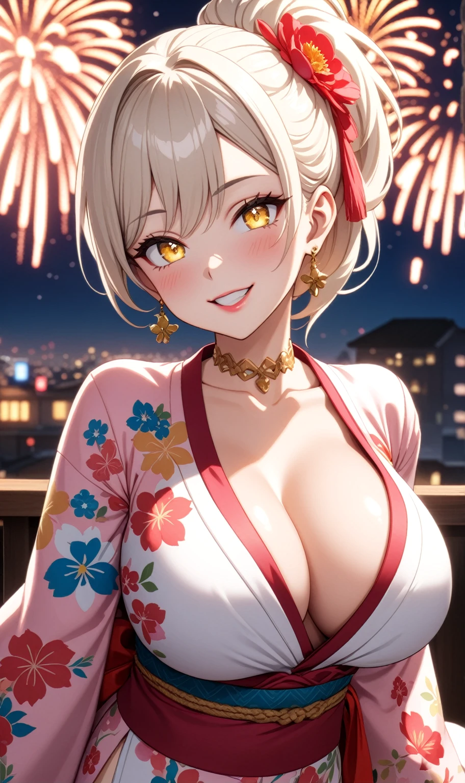 ((One personの女性)), Beautiful Face, head tilt, ((seductive smile)), ((Wink 1.9)), Laugh with your mouth wide open,((Bright red cheeks:1.4)),shining pink lips,night,rooftop,You can see the ocean, firework,Laughing with your mouth open,Glossy pink lips,Facial lighting,((Anime style background)),masterpiece, Highest quality, so beautiful,up to date, Complex details, (Pink long nails),(4fingers and 1thumbs), (ring),(bracelet),(Floral choker),AI-generated, Complex,High resolution, Highest quality, super high quality,3D Images、3D Images,One person,Long blonde hair,High Ponytail,((Turquoise Eyes)),Anime woman posing for a photo, ((Fine grain、Yellowish colorful eyes、Shining Eyes:1.4)),(Squint your eyes:1.1),a hyperRealistic , hyperRealistic , Realistic,Anime woman with long white hair, Smooth anime CG art, A woman in a colorful kimono with gold embroidery, (Pink long sleeve kimono),Red floral pattern,Long flower hair ornament,Earrings,Mature Body,(Big Breasts:1.1),expensive,Abdominal muscles,Tight waist,(Zoom up to face:1.7),Shooting from an angle