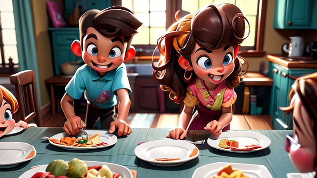 A 8 yo boy and 10 yo girl help theirs parents bring empty dishes, ready to set the dining table, carriying empty plates, forks and spoon and glasses, smiling widely, colorful and lively kitchen setting, cartoonish charm, soft and glowy lighting, highly detailed digital illustration, similar to high-quality children's books, DIGITAL ART. 3D, 16k