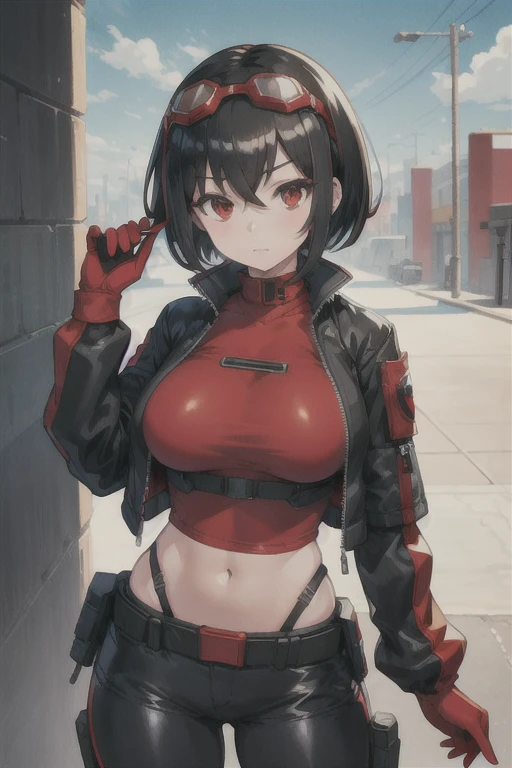 Masterpiece, best quality, 1girl, solo, black hair, short hair, red eyes, looking at viewer, (techwear jacket:1.3), red gloves, red utility pants, goggles on head, utility belt, (perfect breasts:1.3), facing viewer, ((red shirt)) mature female, big bust, nice hips