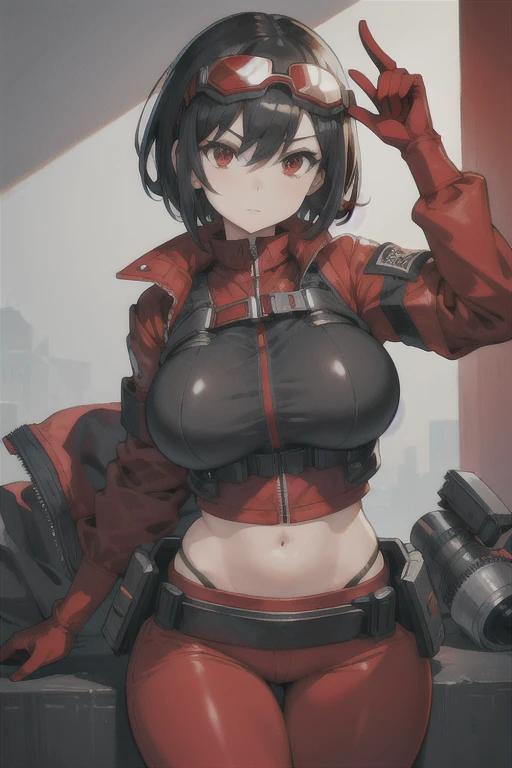 Masterpiece, best quality, 1girl, solo, black hair, short hair, red eyes, looking at viewer, (techwear jacket:1.3), red gloves, red utility pants, goggles on head, utility belt, (perfect breasts:1.3), facing viewer, ((red shirt)) mature female, big bust, nice hips