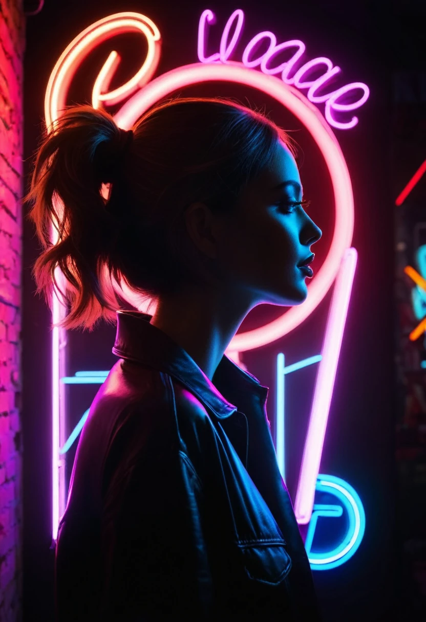 Side face silhouette,Shadow of beautiful woman under neon sign,Huge neon signboard,(Neon sign with text:1.5)