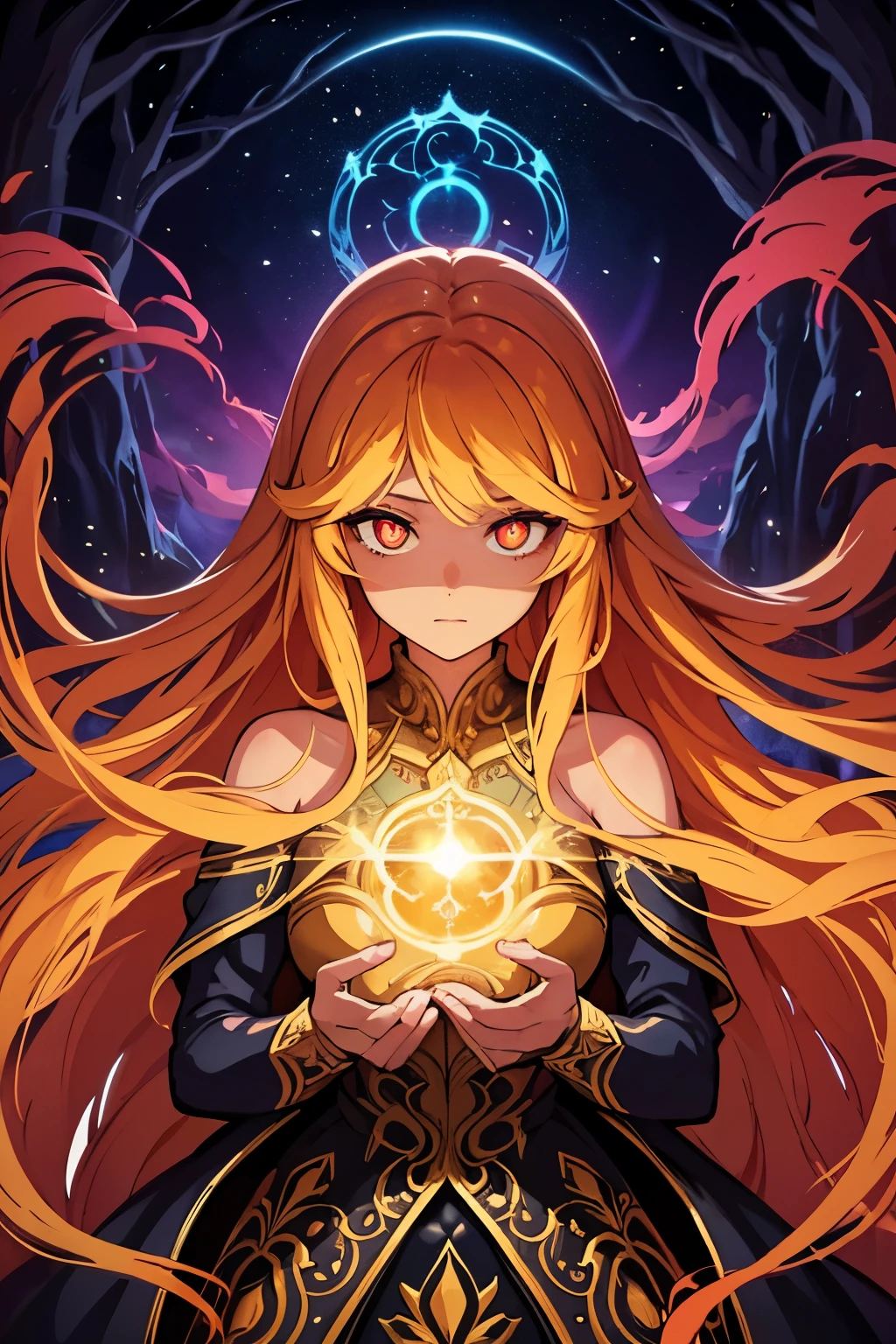 a mysterious portal, a girl in an enchanted forest, detailed face and expression, beautiful glowing eyes, long flowing hair, ornate dress, ethereal atmosphere, golden hour lighting, vibrant colors, dramatic lighting, cinematic composition, fantasy landscape, magical realism, digital painting, concept art style