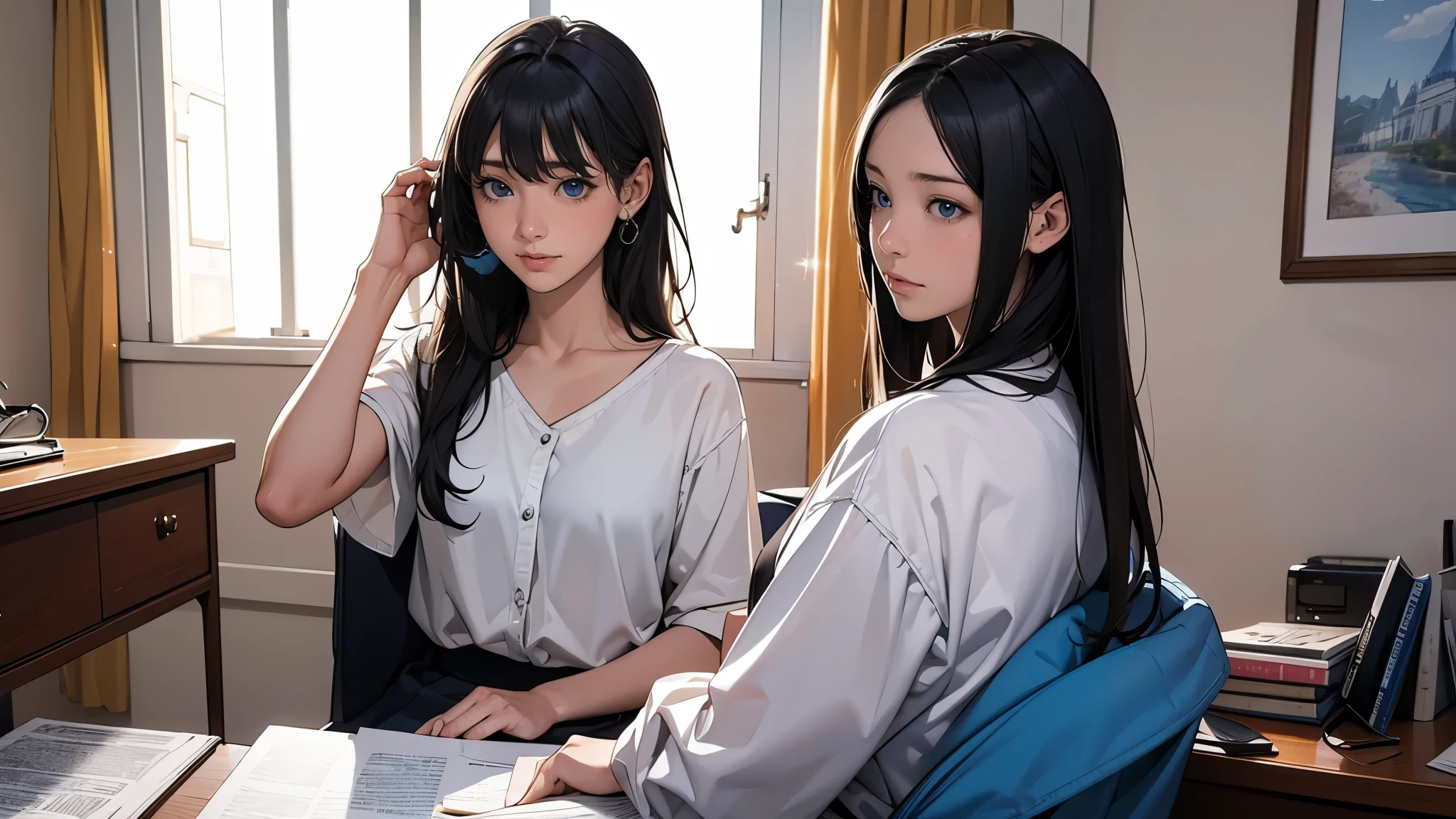 Ultra HD、super high quality、masterpiece、detailed、8K、The place is your room、A high school girl in her room1Person sitting and listening to music on headphones、Studying at a desk、15-year-old high school girl、The high school girl is Russian and has long black hair.、Has blue eyes、She has a flower tattoo and a glamorous figure.、The clothes she's wearing are a camisole and a miniskirt、Knee-high、Pretty sexy、Lo-Fi images