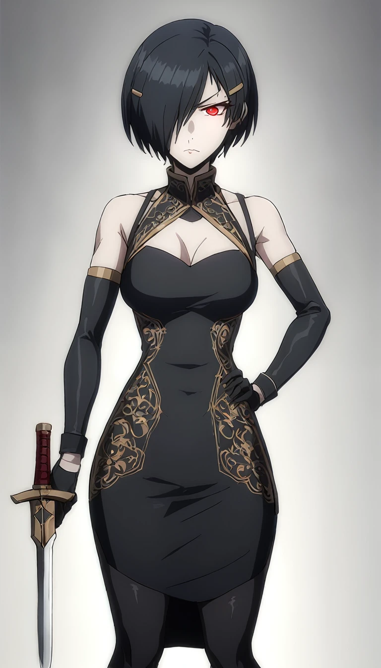 1girl, Anya Forger\(SPY×FAMILY\),SPY×FAMILY，solo, Long black hair, blonde hair clips, Red Eyes, Serious expression, Black bodycon dress with straps, Gloves, Holding a dagger, Left hand on hip, 右手Holding a dagger朝下, Standing posture, Confident body language, White background，Anime style，High contrast，Fine lines，Soft lighting，Sexy body，Intricate clothing and hairpin details，Glowing eyes