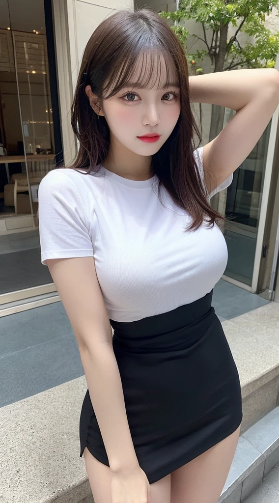 ,Highest quality, figure, Super detailed, In detail, High resolution, 8k wallpaper, Thick lips、Perfect dynamic composition, Glossy with oil々Skin、Korean、 long hair、T-Shirts、Short skirt。Shiny thighs,Thick thighs、Narrow waist、Big Breasts、 Natural color lip, Bold sexy pose,balcony、cute、Selfie、NSFW、Incême、Up Angle、Plump、Selfie、