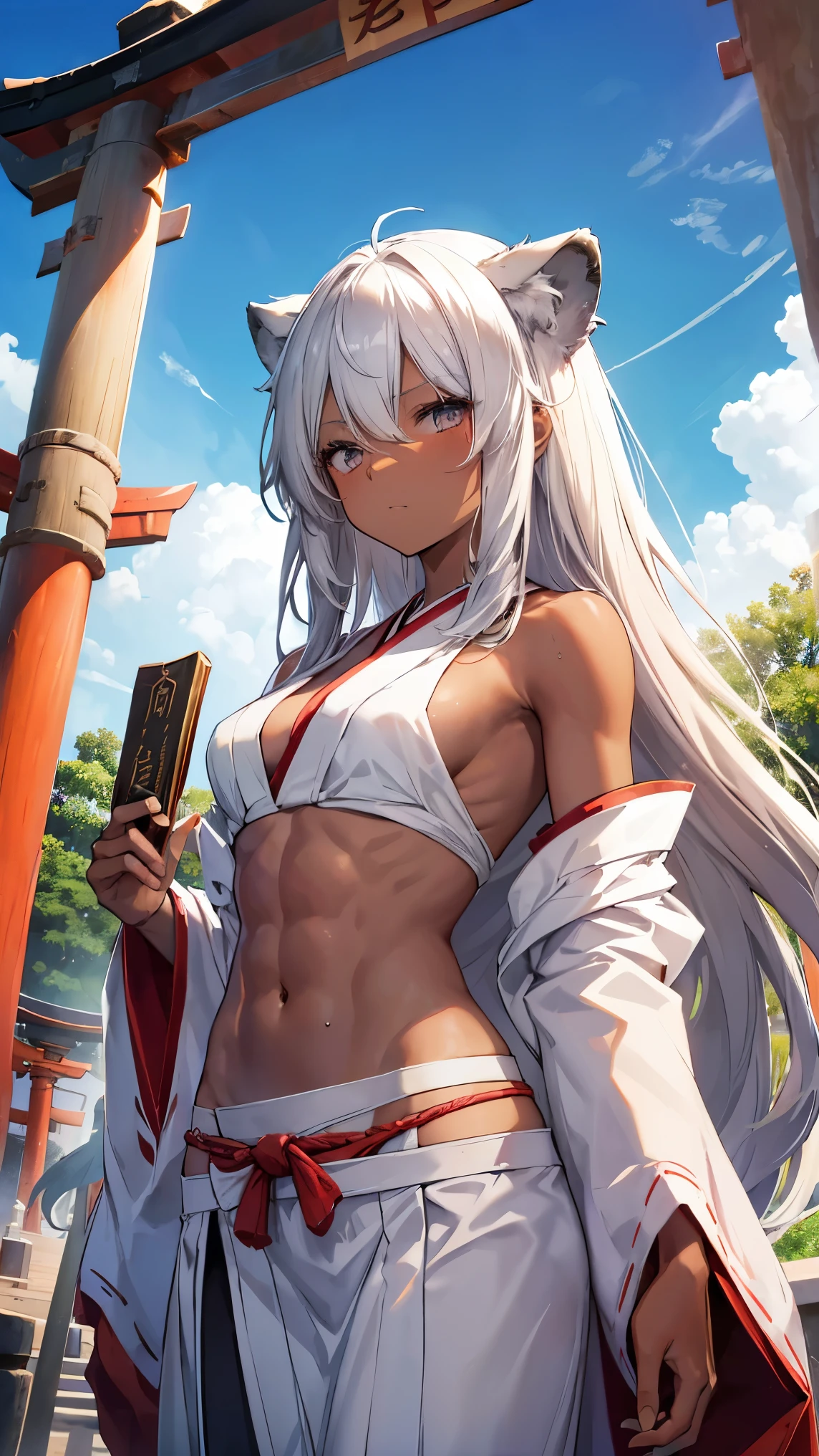 High resolution、Girl、Silver Hair、Long Hair,(Brown skin,Dark Skin,Sunburn),Lion ears、Grey Eyes、Slender、Toned body、Scarlet Hakama,Shrine maiden,,summer,７moon,Thousand Torii Gates,blue sky,Abdominal muscles