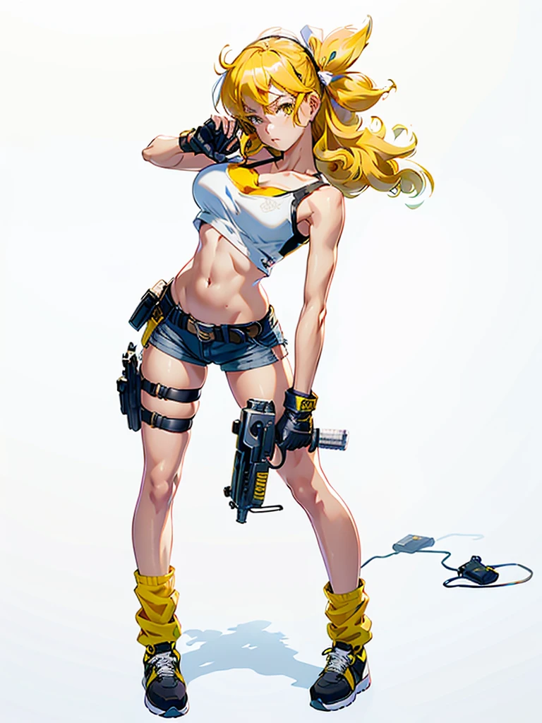1girl, solo, weapon, shorts, gloves, gun, breasts, long hair, midriff, crop top, fingerless gloves, navel, shoes, full body,  curly hair, cleavage, short shorts, hairband, submachine gun, yellow shorts, socks, holding weapon, holding, holster, simple background, tank top, sneakers, standing, belt, handgun, holding gun, white background, thigh holster, hair ribbon, collarbone, large breasts, bow, loose socks, medium breasts, ribbon, looking at viewer