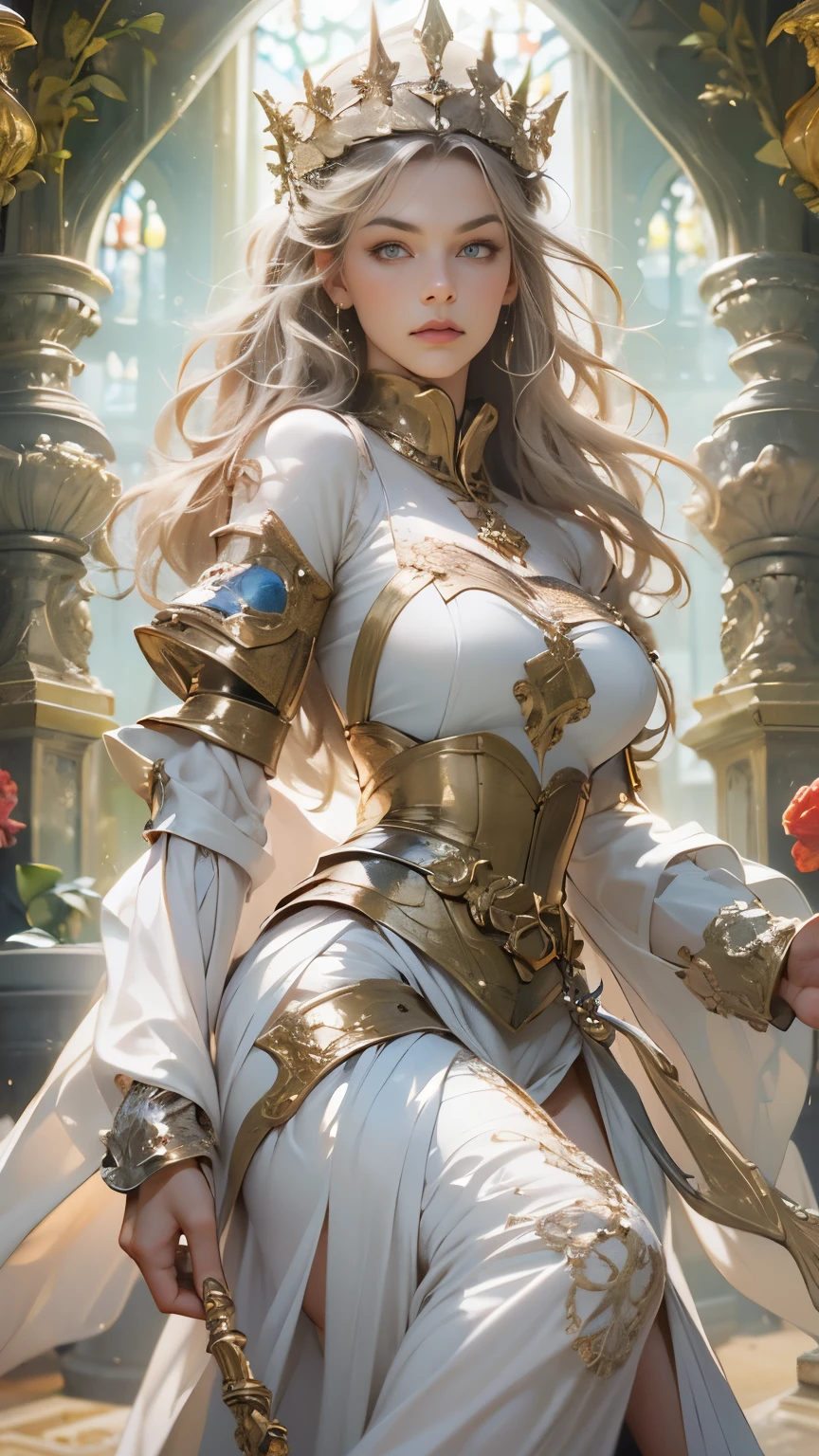 8K resolution, masterpiece, Highest quality, Award-winning works, unrealistic, sole sexy lady, healthy shaped body, 25 years old, white wavy long hair, hair band, big firm bouncing bust, ancient roman military commander's armor, Pure white armor with a complex structure, royal coat of arms, excalibur, elegant, Very detailed, Digital Painting, artステーション, コンセプトart, Smooth, Sharp focus, shape, artジャム、Greg Rutkowski、Alphonse Mucha、William Adolphe Bouguereau、art：Stephanie Law , Magnificent royal background, Royal Jewel, nature, Full Shot, Symmetric, Greg Rutkowski, Charlie Bowwater, beep, Unreal 5, Surreal, Dynamic Lighting, ファンタジーart, Complex colors, Colorful magic circle, flash,  dynamic sexy poses